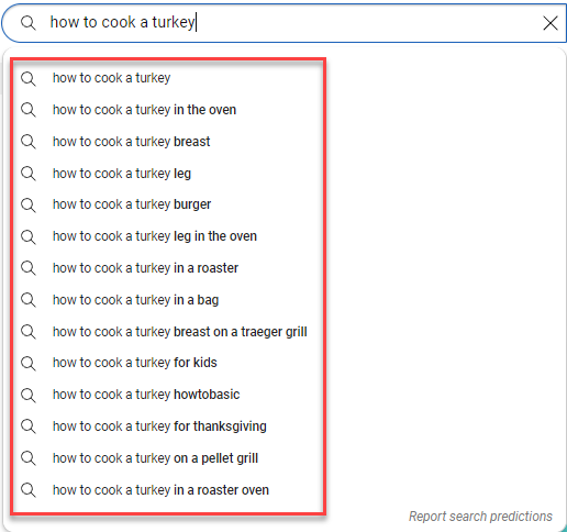 YouTube search predictions for how to cook a turkey